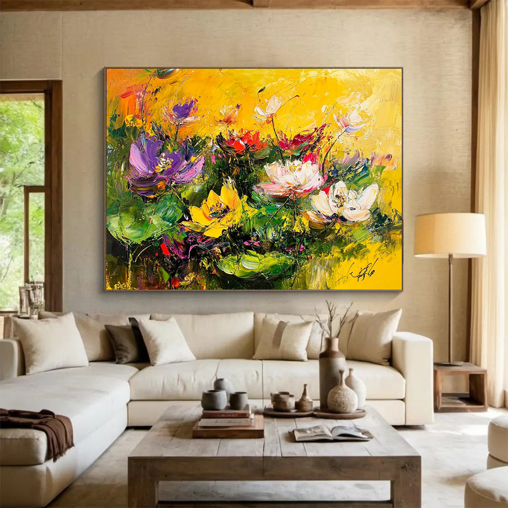 “Vibrant Colorful Lotus Pond” - Vivid Palette, Expressive Lotus Flowers Painting On Canvas HB0877