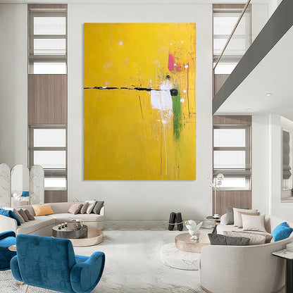 Contemporary large abstract painting featuring vibrant yellow shades with subtle white and green accents adds sophistication to any space. DLZ1296