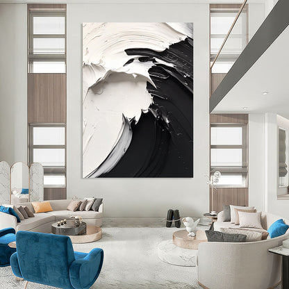 Contemporary hand-painted abstract art features dynamic flowing lines, high contrast black and white on a white background, evoking a mysterious atmosphere. DLZ1732