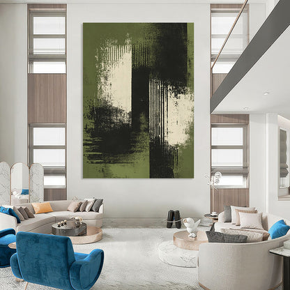 Contemporary hand-painted abstract artwork featuring green and white brush strokes with distressed edges on a dark background and soft tones. DLZ1267