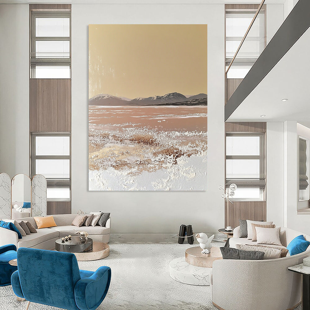 Contemporary hand-painted abstract artwork featuring a textured beige canvas with soft edges and gentle color transitions, inspired by a vast desert landscape. DLZ1487