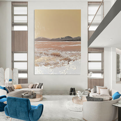 Contemporary hand-painted abstract artwork featuring a textured beige canvas with soft edges and gentle color transitions, inspired by a vast desert landscape. DLZ1487