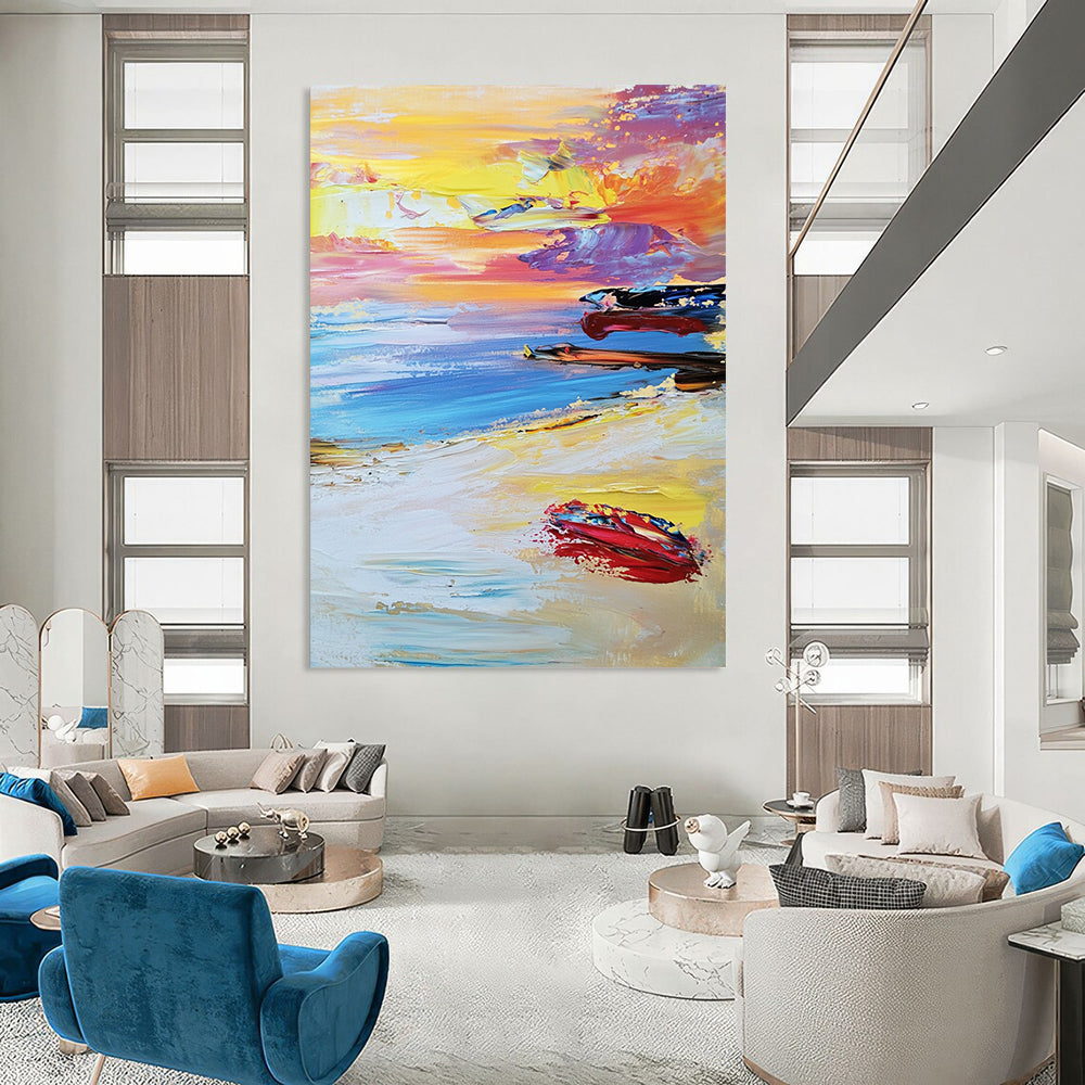 Contemporary abstract beach artwork features a vibrant sunset with colorful waves and boats under a dreamy pastel sky and soft white sand below. DLZ1504