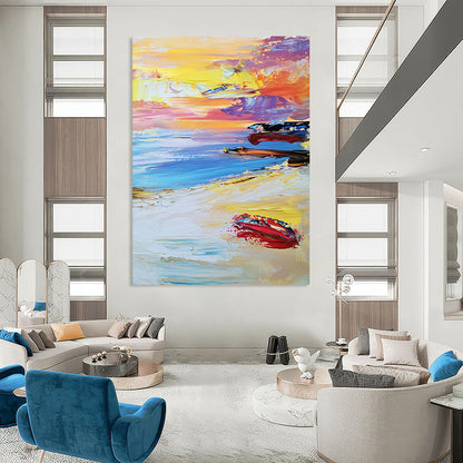 Contemporary abstract beach artwork features a vibrant sunset with colorful waves and boats under a dreamy pastel sky and soft white sand below. DLZ1504