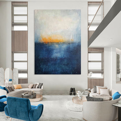 Contemporary abstract painting featuring thick textured layers in dark blue and yellow hues evoking a serene landscape with a tranquil sea and foggy horizon. DLZ0356