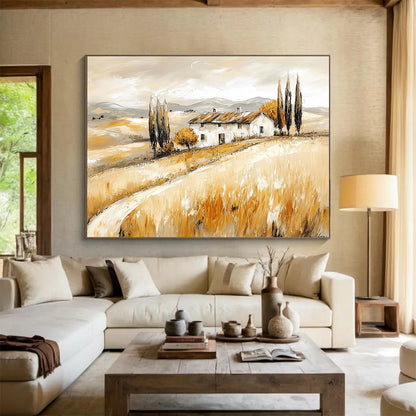 “Tuscan Farmhouse in Golden Fields” - Warm Beiges, Browns, Yellows, Farmhouse in Rolling Fields - Contemporary Oil Painting HB1694