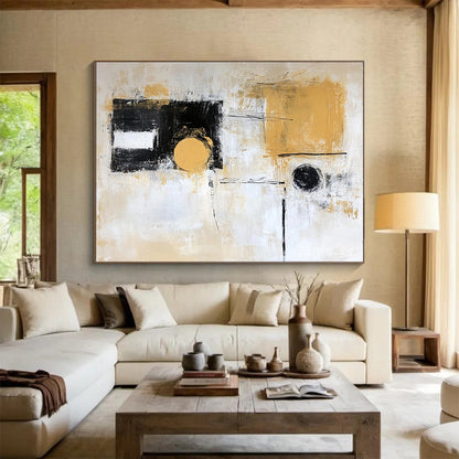 “Earthy Circles” - Beige, White, Black, Gold with Abstract Circles - Abstract Acrylic Painting HB1342