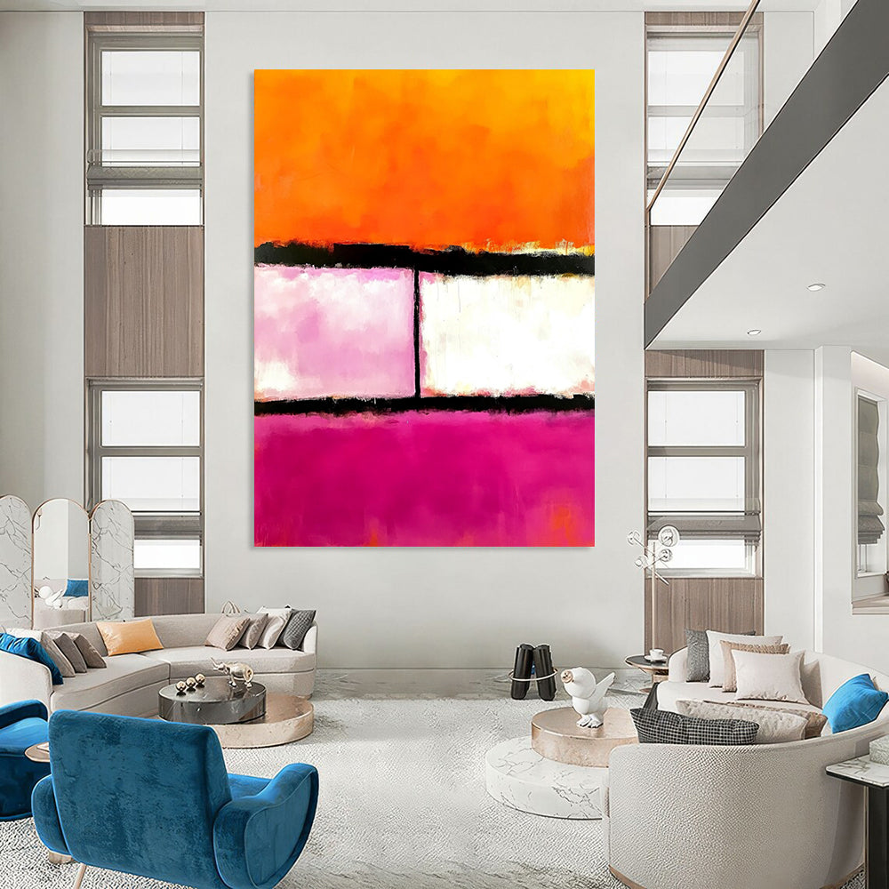 Contemporary hand-painted abstract art featuring pink orange and white hues with two striking black lines in the center. DLZ1441