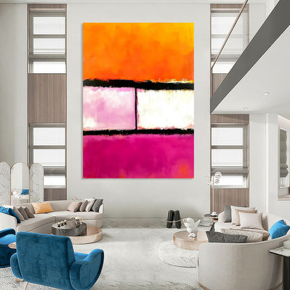 Contemporary hand-painted abstract art featuring pink orange and white hues with two striking black lines in the center. DLZ1441
