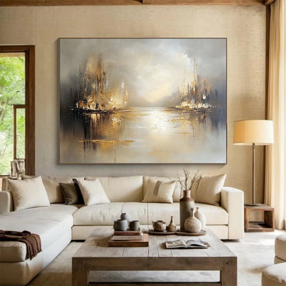 “Misty River with Golden Reflections” - Beige, Gold, Gray, Abstract Serene River Landscape Painting On Canvas HB1094