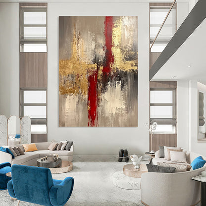 Contemporary hand-painted abstract artwork featuring rich beige tones enhanced with gold and red accents creating a striking visual experience. DLZ0438