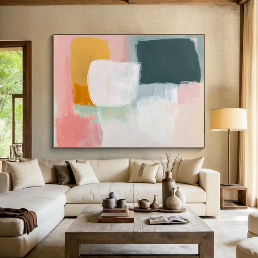 “Pastel Color Blocks” - Pink, yellow, green, white, Soft Abstract Painting HB0619