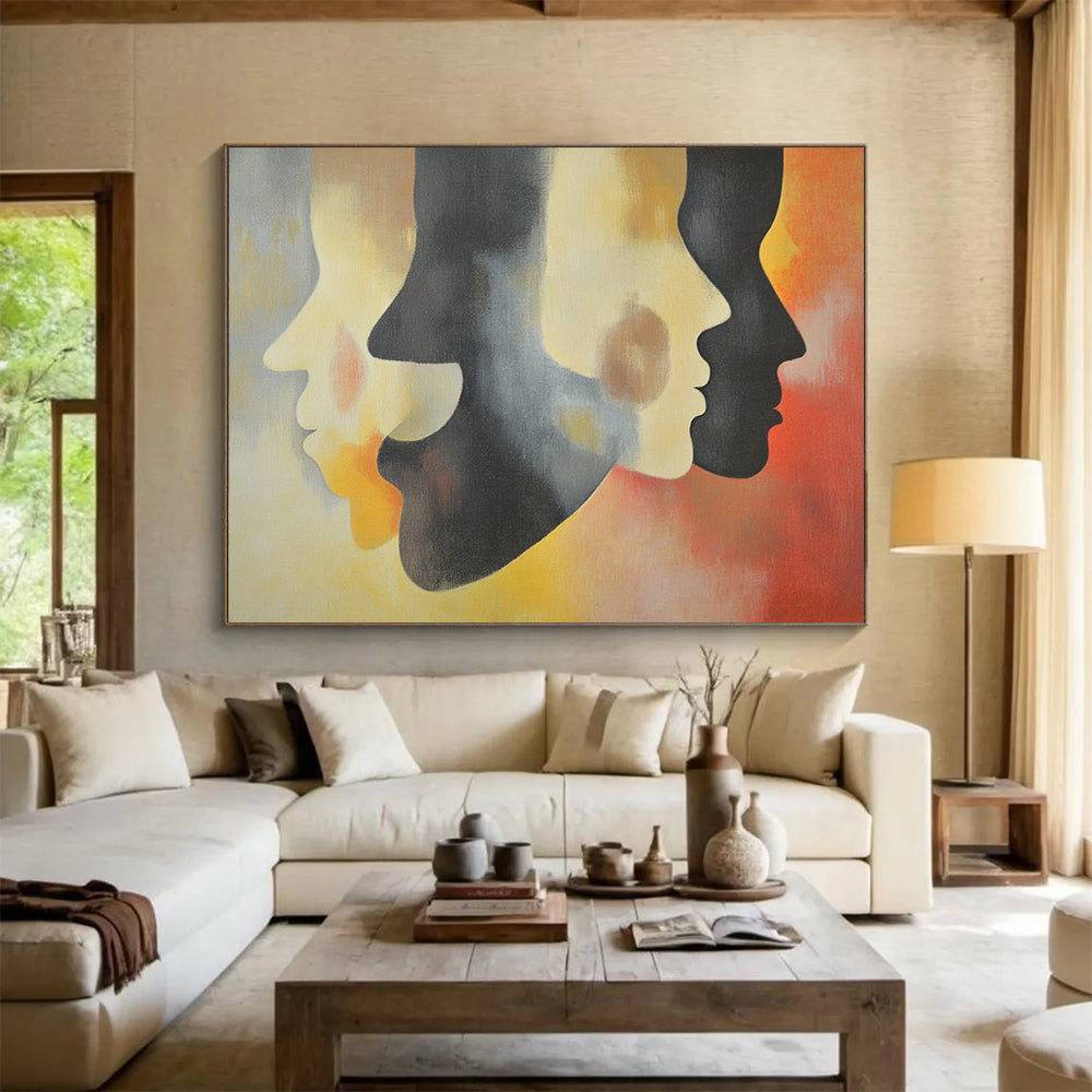 “Colorful Layered Faces” - Gray, Yellow, Red, Abstract Profiles - Surrealist Acrylic Painting HB1490