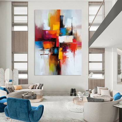 Contemporary hand-painted abstract artwork featuring vibrant reds and oranges with a central cross and dynamic geometric shapes expressing energy and fluidity. DLZ0677