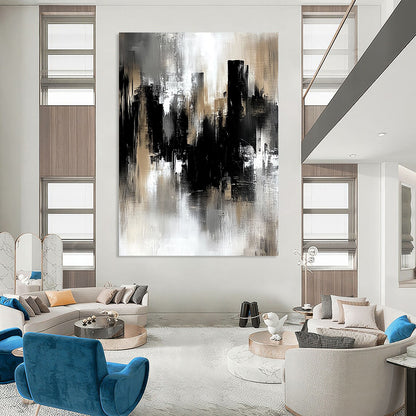 Contemporary hand-painted abstract art featuring a gray and black industrial cityscape with soft edges and loose brushstrokes in muted tones. DLZ0707