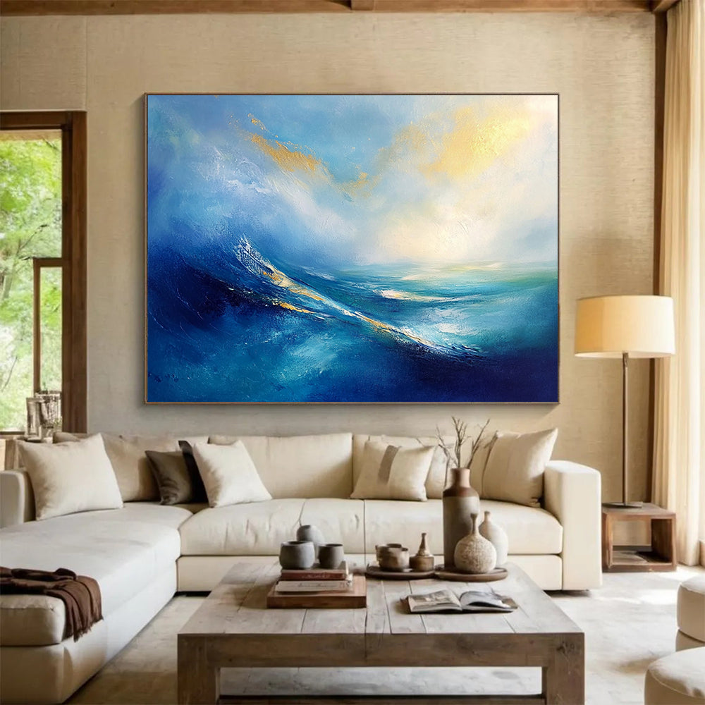 “Blue - Gold Abstract Ocean Waves” - Blue, Gold, White, Ocean Waves Painting On Canvas HB0845