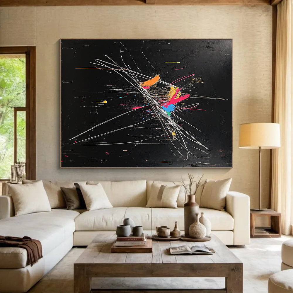 Black, Colorful Blobs, White Strokes "Dynamic Fusion" Abstract Painting On Canvas HB022