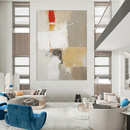 Large contemporary abstract artwork featuring textured layers in white with red and yellow accents and soft brush strokes. DLZ0919