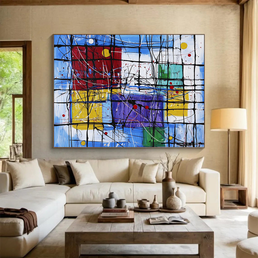 “Colorful Geometric Abstract with Black Grid” - Modernist Painting On Canvas HB0518