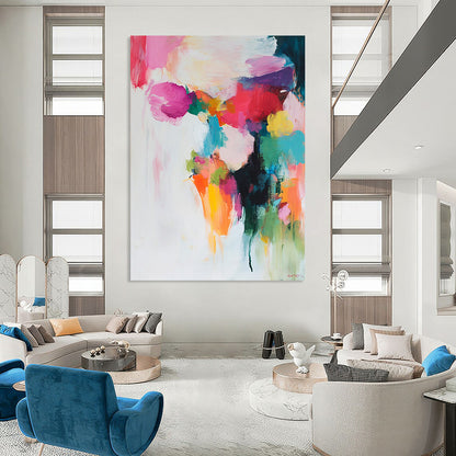 Contemporary abstract painting features soft colors in brush strokes and shapes on a white background with pinks reds greens yellows and blues. DLZ0687