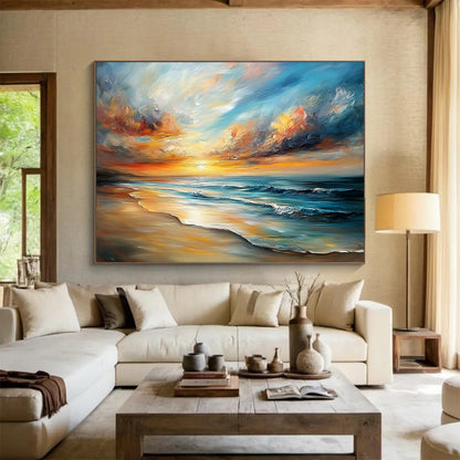 “Dreamy Beach Sunset” - Oranges, Pinks, Yellows, Blues, Beach Scene - Impasto Oil Painting HB1579