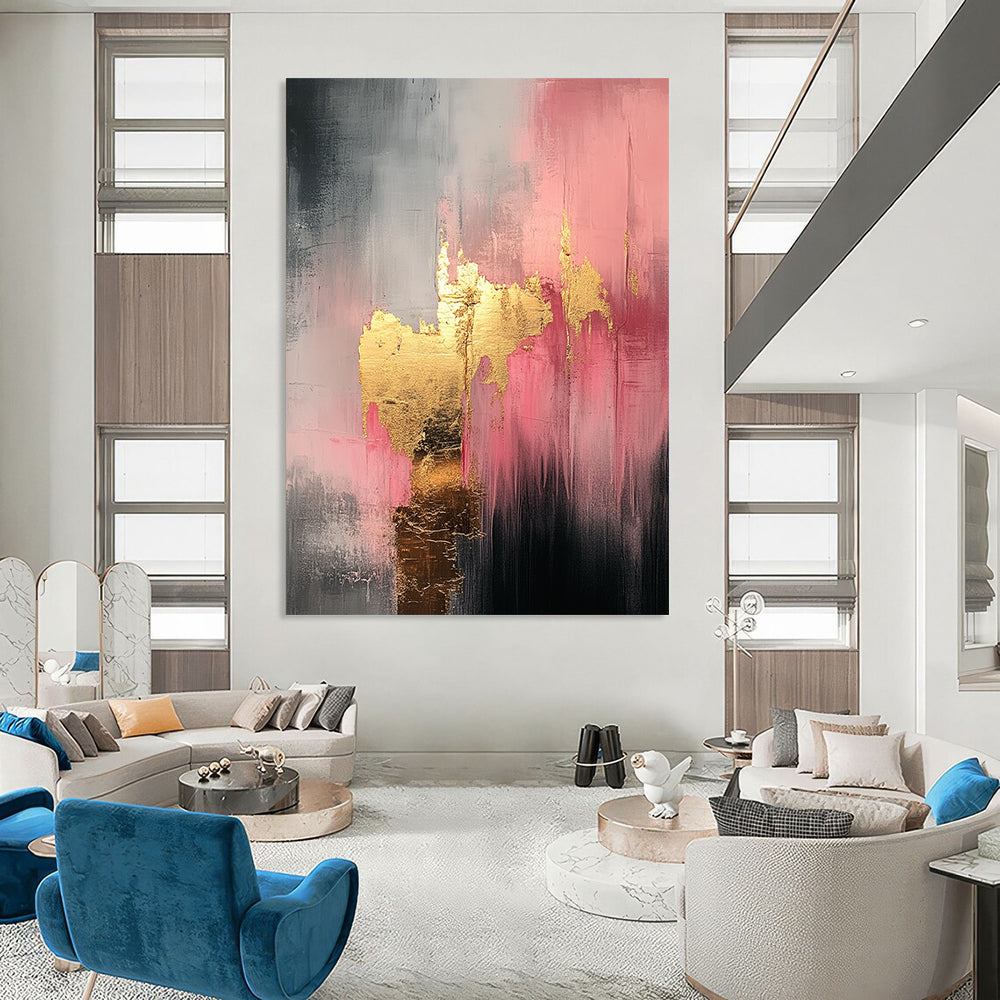 Contemporary hand-painted abstract art featuring white pink and gold tones with a mysterious atmosphere and luxurious gold leaf embellishments. DLZ1117