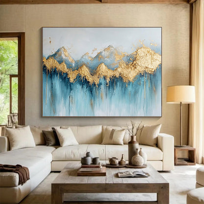 “Gilded Peaks Cascade” - Blue, Gold, White, Textured Mountain & Waterfall Scenes Painting On Canvas HB1020