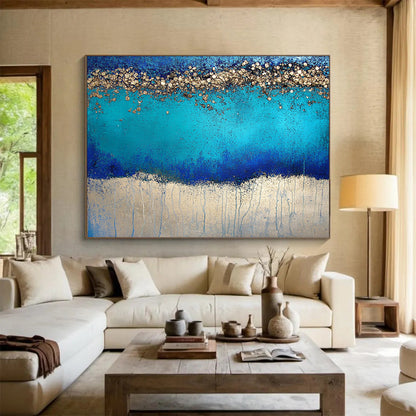 “Blue and Gold Sparkle” - Rich Blues, Shimmering Golds, Textured Abstract Layers - Mixed - Media Painting HB1753