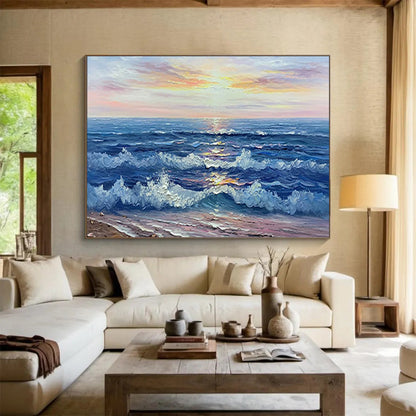 Sunset Sea Wave Oil Painting - Coastal Living Room or Bedroom Art DLZ218