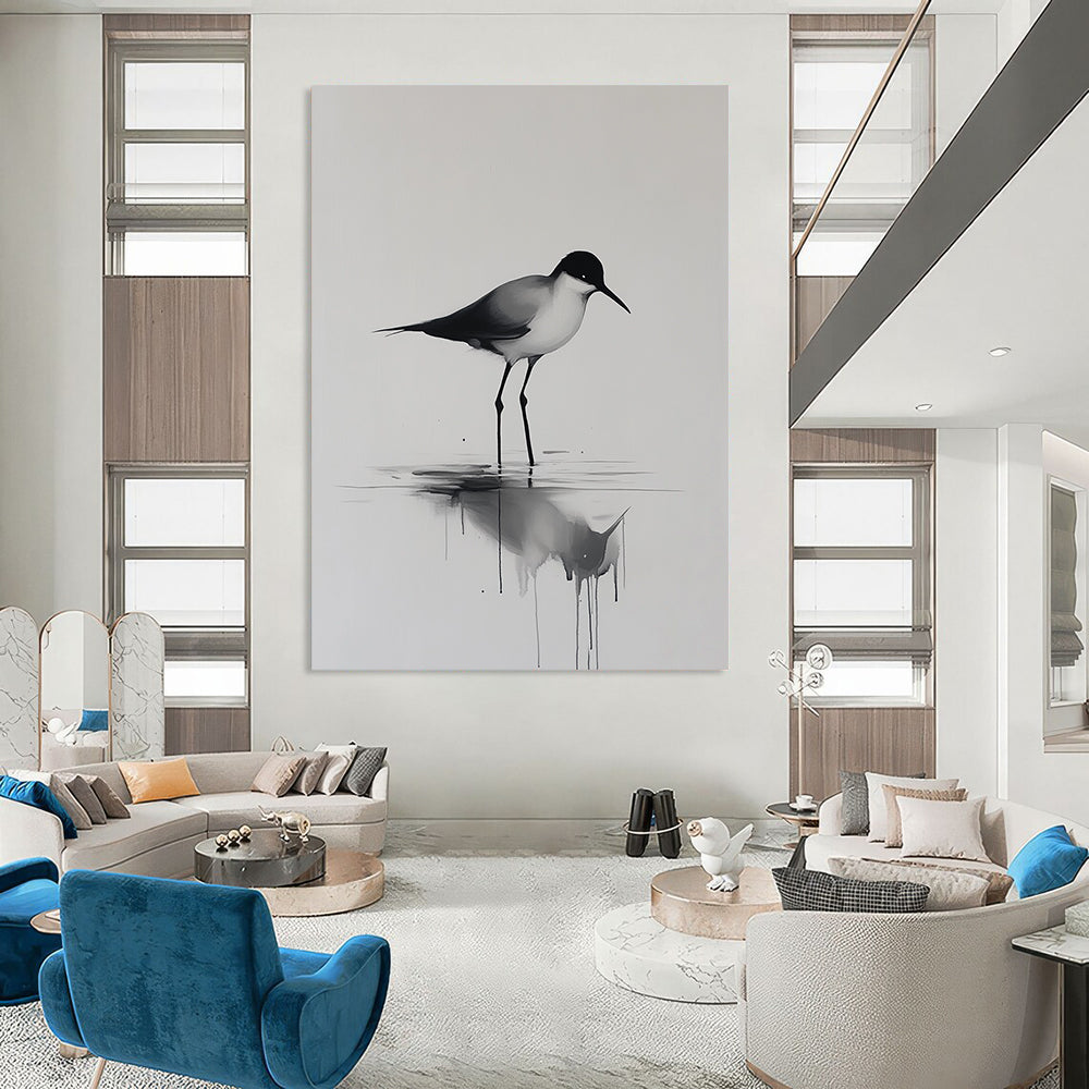 Contemporary hand-painted abstract art features a minimalist bird walking on water with reflections and ripples on a neutral background. DLZ1144