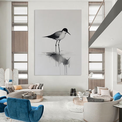 Contemporary hand-painted abstract art features a minimalist bird walking on water with reflections and ripples on a neutral background. DLZ1144