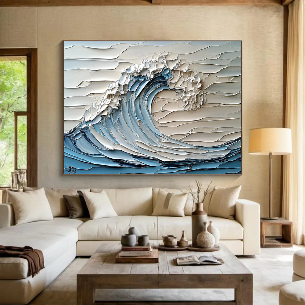 Blue, White and Gray Textured Wave "Sculpted Surf" Painting On Canvas HB0420