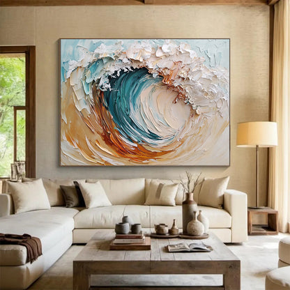 “Textured Ocean Wave” - Blue, White, Brown, Abstract Surf - Impasto Oil Painting HB1501