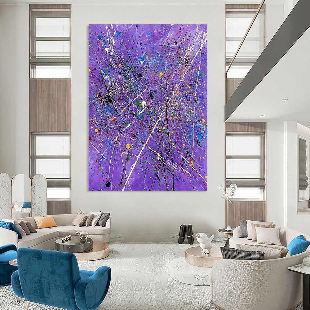 Contemporary abstract art features a vibrant purple backdrop with expressive white lines and colorful splatters, perfect for elevating any space. DLZ0720
