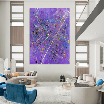 Contemporary abstract art features a vibrant purple backdrop with expressive white lines and colorful splatters, perfect for elevating any space. DLZ0720