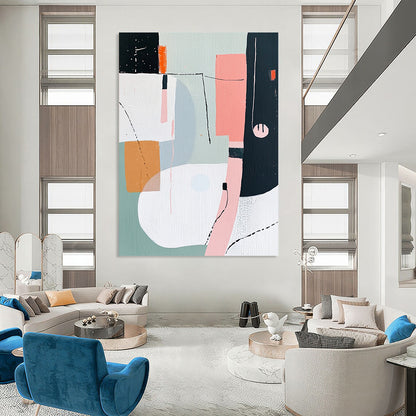 Contemporary hand-painted abstract art featuring shapes and lines in pink white grey green orange and black with a figure wearing headphones. DLZ0995