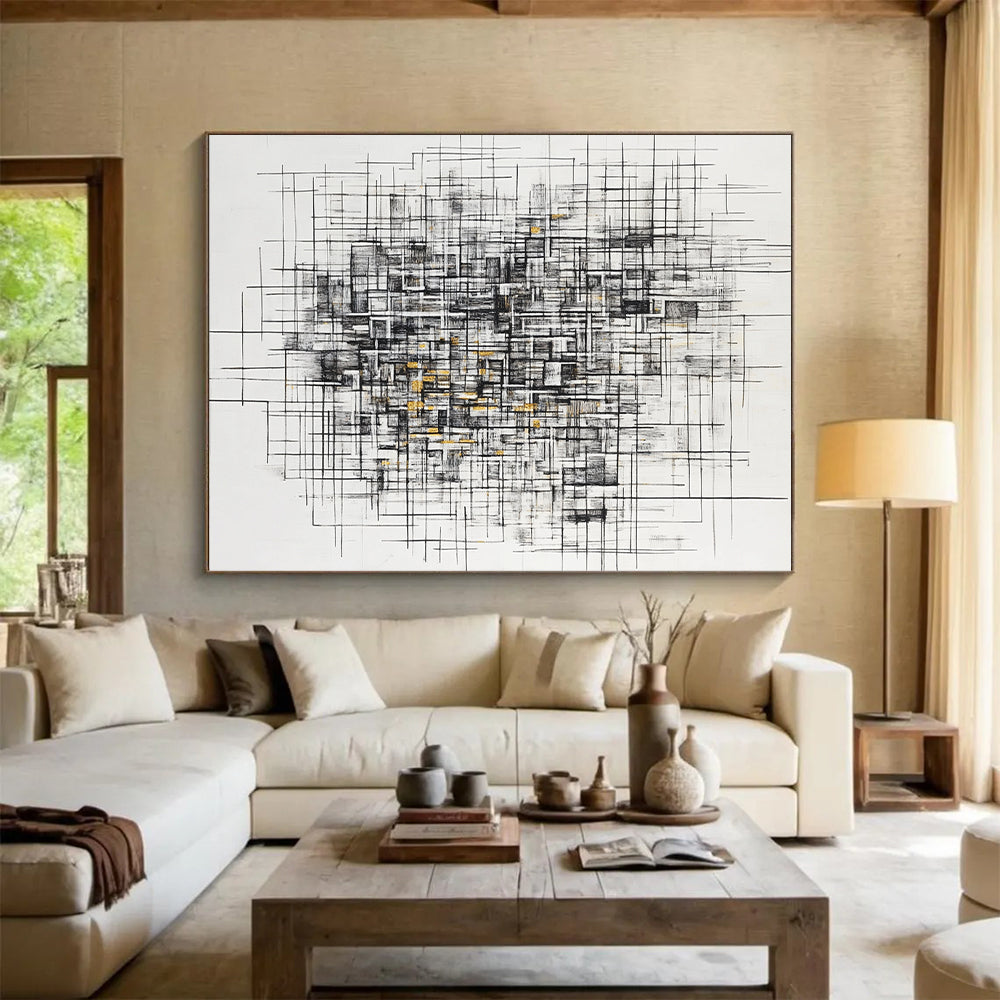 Black, White, Gray, Gold, Tangled Linework "Gilded Chaos Weave" Abstract Expressionist Painting On Canvas HB126