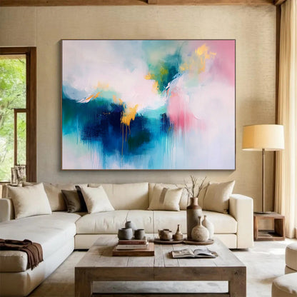 “Pink and Gold Abstract Drip” - Pink, gray, gold; Abstract drip with gold accents; Acrylic Painting On Canvas HB1280