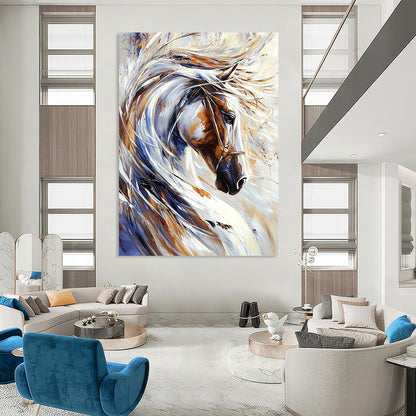 Contemporary abstract painting featuring a majestic white horse with flowing mane and dynamic brush strokes on a pristine background. DLZ1531