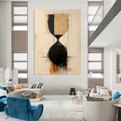 Contemporary abstract painting showcasing an hourglass in beige and black shapes with thin lines on a textured white background. DLZ1317