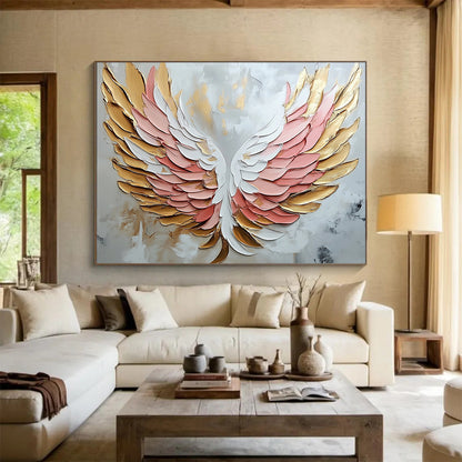 “Textured Angel Wings Abstract” - Gold, Pink, White with 3D Wings - Painting On Canvas HB1398