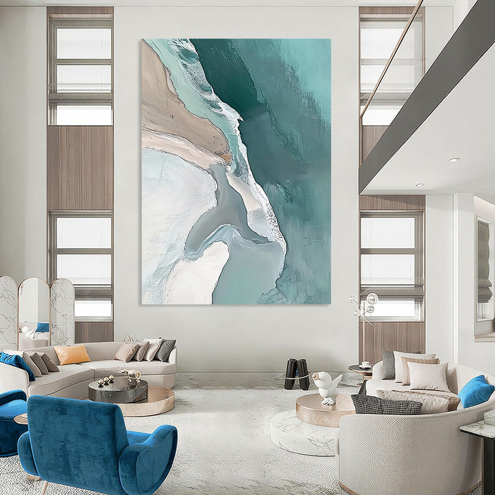 Contemporary abstract art captures an aerial view of Great Sumatra Beach in fluid pastel colors promoting tranquility and minimalist beauty. DLZ0844