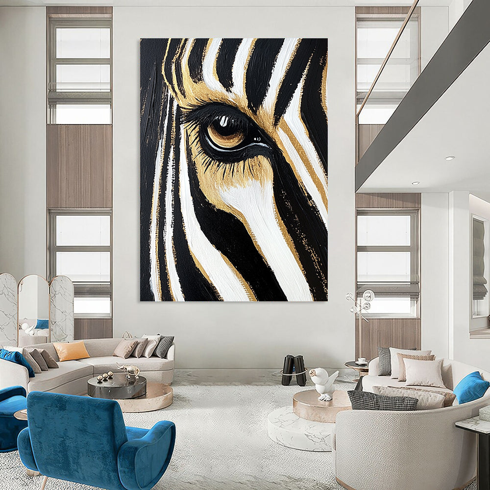 Contemporary hand-painted abstract art featuring a zebra's eye and forehead stripes in black and white with gold highlights against a gradient background. DLZ1217