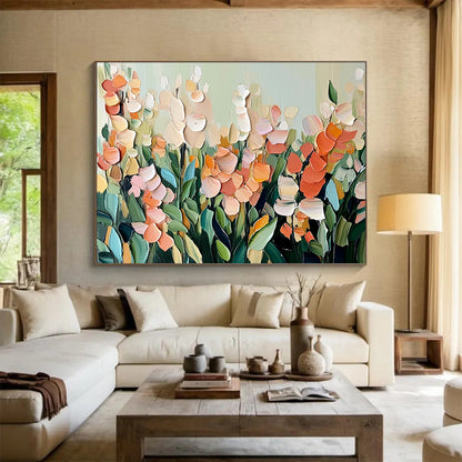“Soft - Toned Floral Field” - Muted Palette, Layered Floral Landscape Painting On Canvas HB0878