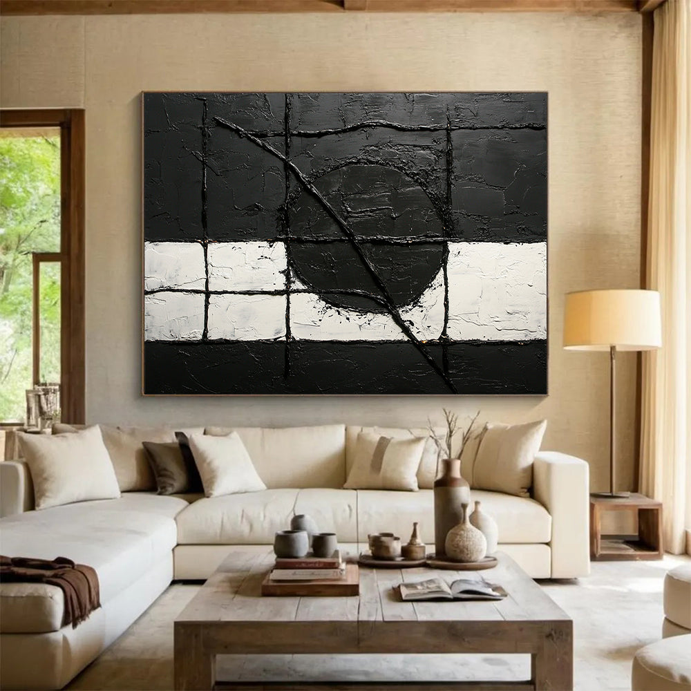 Black, White, Textured Grid "Monochrome Maze" Abstract Minimalist Painting On Canvas HB074