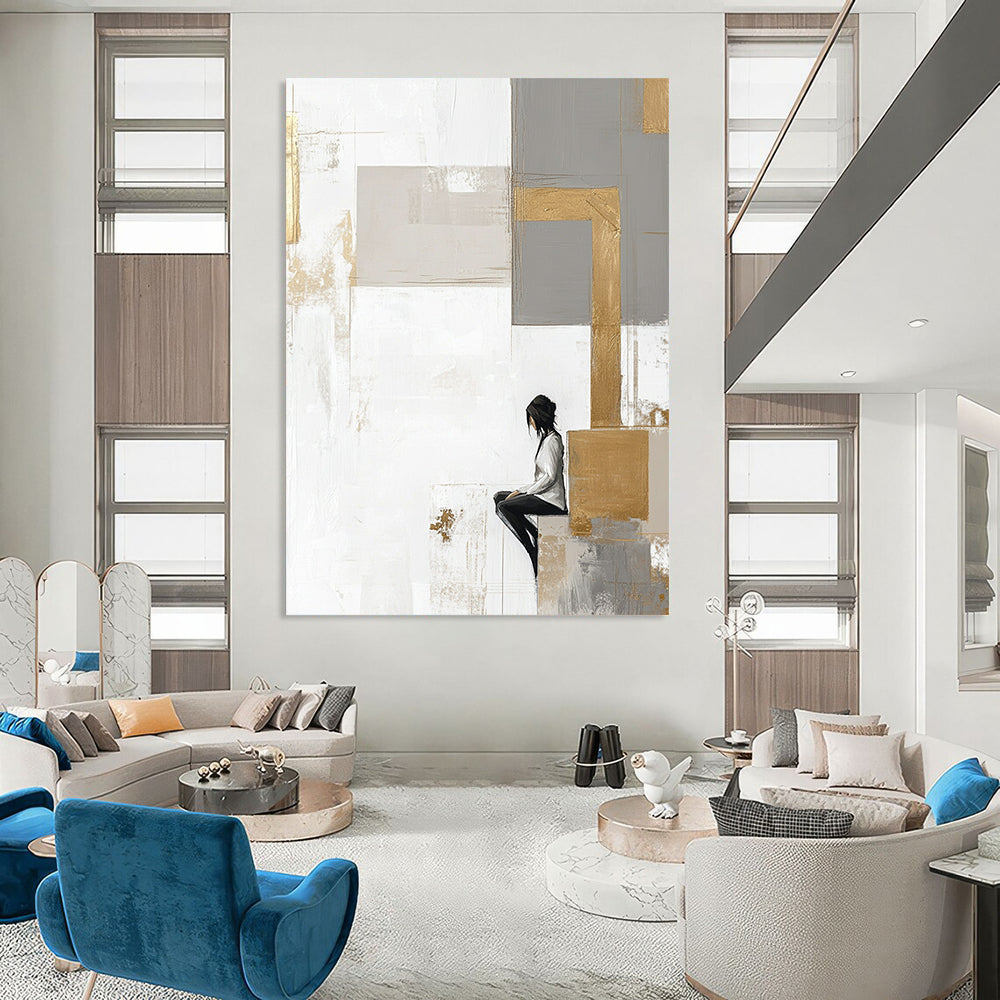 Contemporary abstract artwork features large neutral squares with gold accents on a white backdrop complemented by pale gray and beige elements. DLZ0626