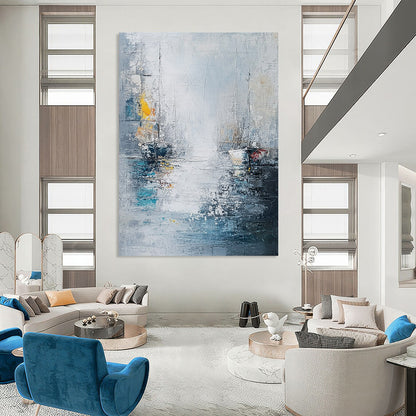Contemporary abstract painting featuring sea and ships in a white gray blue palette with thick oil brush strokes. DLZ0636