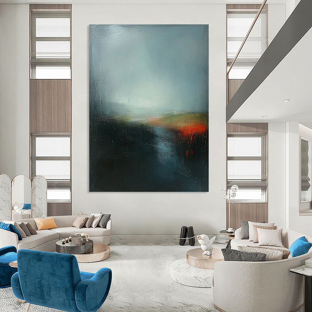 Contemporary abstract artwork featuring deep sky blue and green with red highlights, layered under a dark gray misty sky, inspired by Turner's atmospheric style. DLZ0400