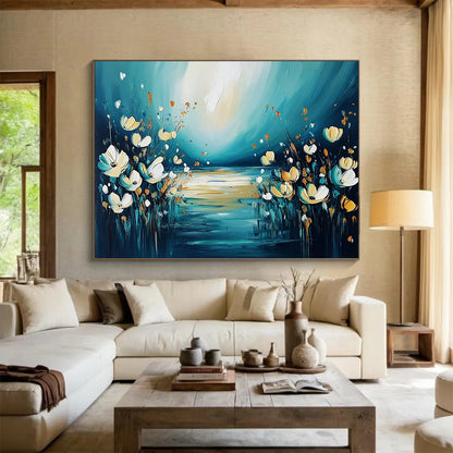 “Dreamy Floral River Abstract” - Teal, Yellow, White with Flowers and River - Painting On Canvas HB1399