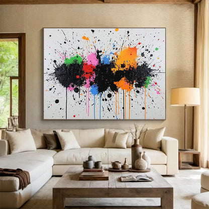 “Color Splash Carnival” - Black, rainbow splatters; Energetic paint splatters on white; Abstract Expressionist Acrylic Painting On Canvas HB1171